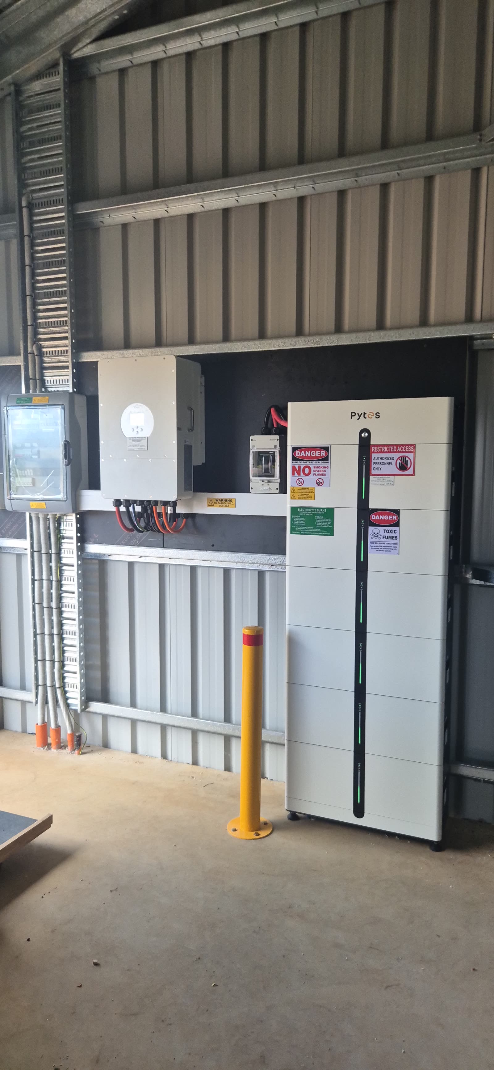 Pytes Pi LV1 battery stack installed with a Deye hybrid inverter in an Australian garage